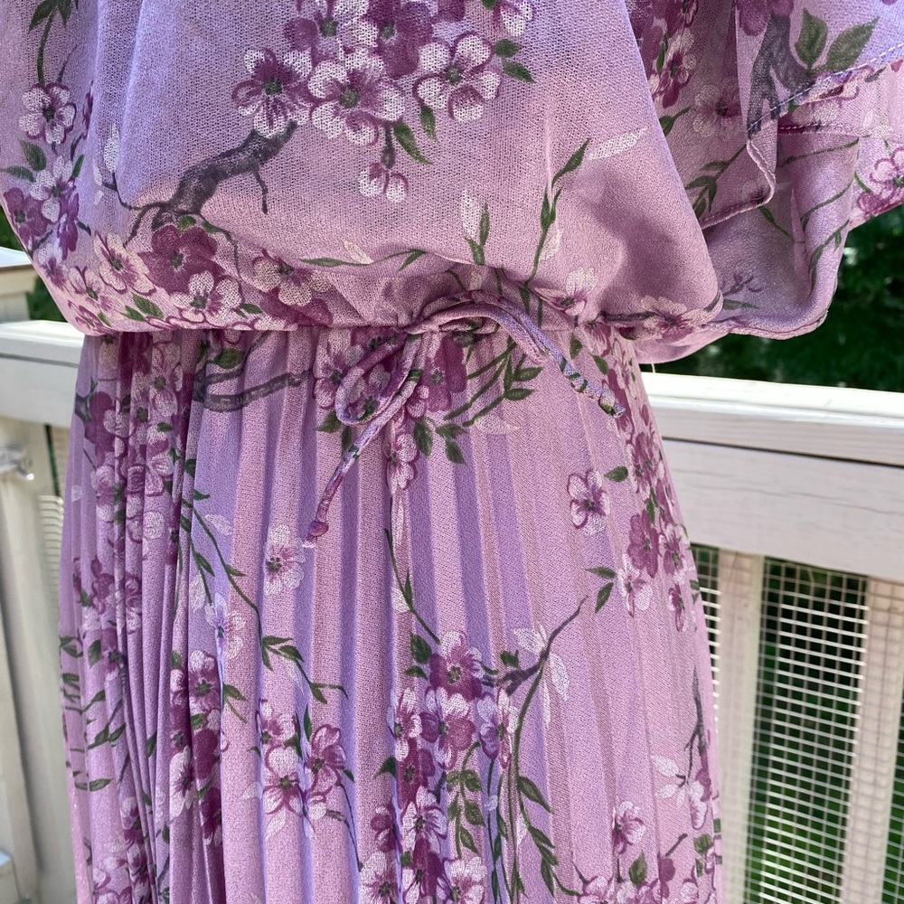 Vintage 60s 70s Floral Pleat Bow Cottagecore Dress - Picture 7 of 12